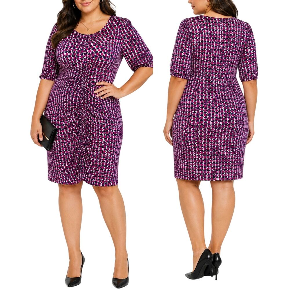 Amana Geometric Print Ruched Sheath Dress Pink Purple Stretch 1X Plus Size